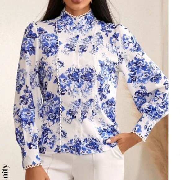 SHEIN Unity Floral Print Bishop Sleeve Mock Neck Shirt womens size medium - Picture 2 of 4